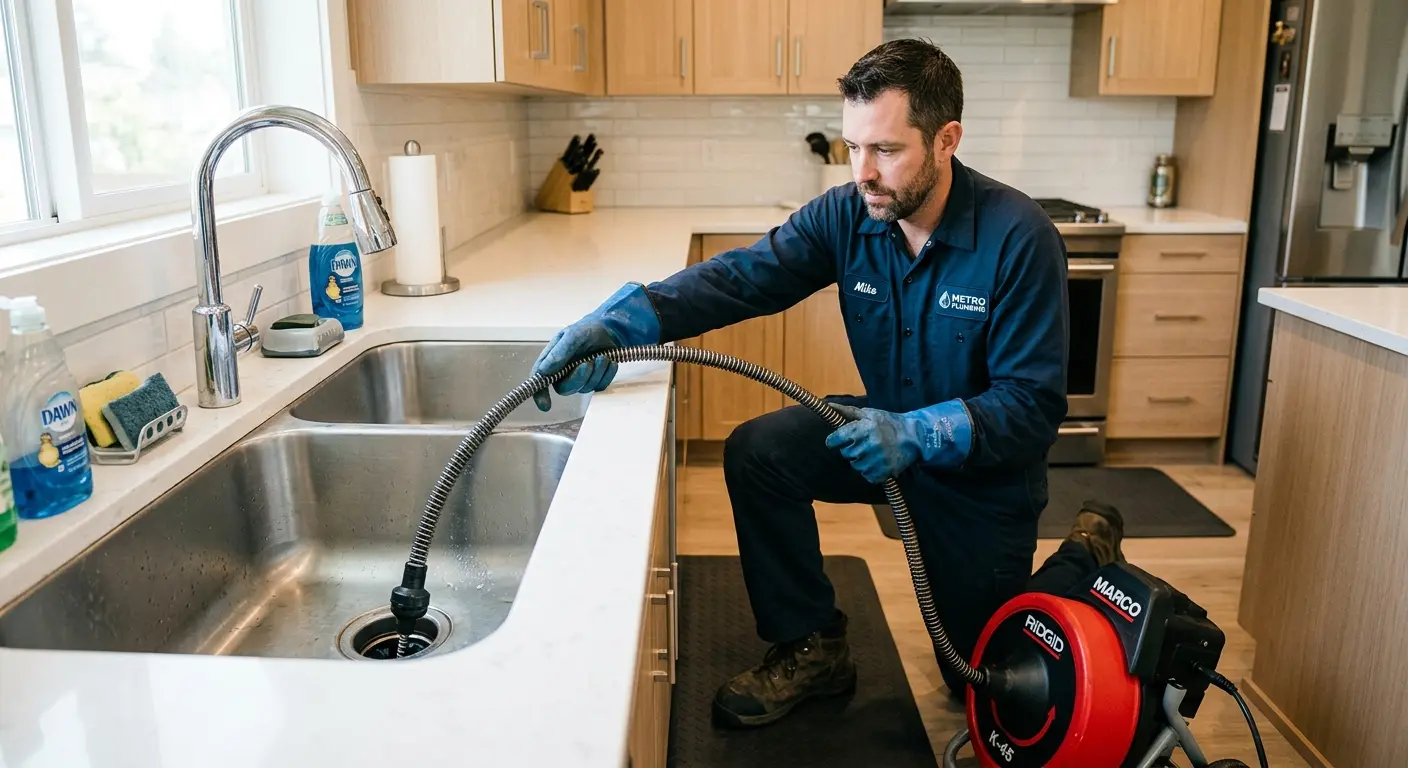 Drain cleaning technician using a motorized snake on a kitchen sink in Holladay