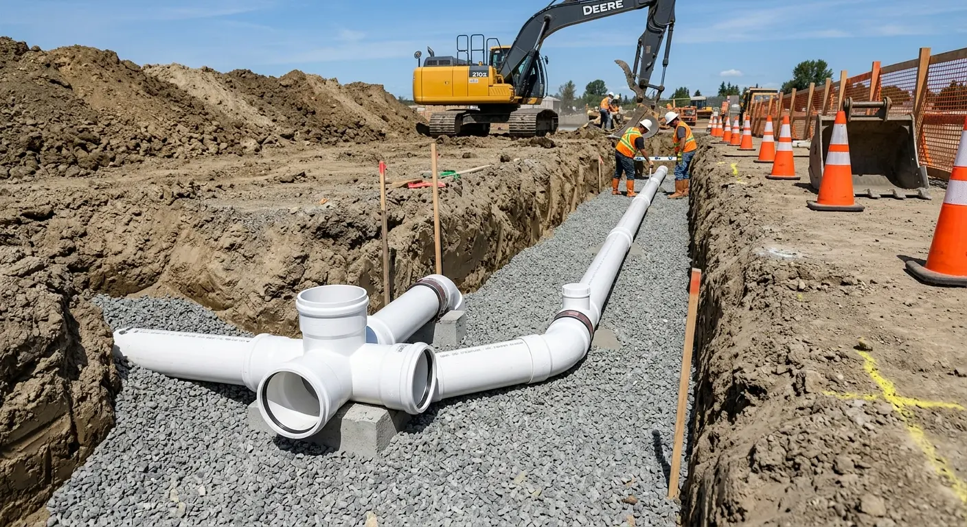 New PVC sewer pipe installation in open trench for Grease Trap Cleaning in Holladay