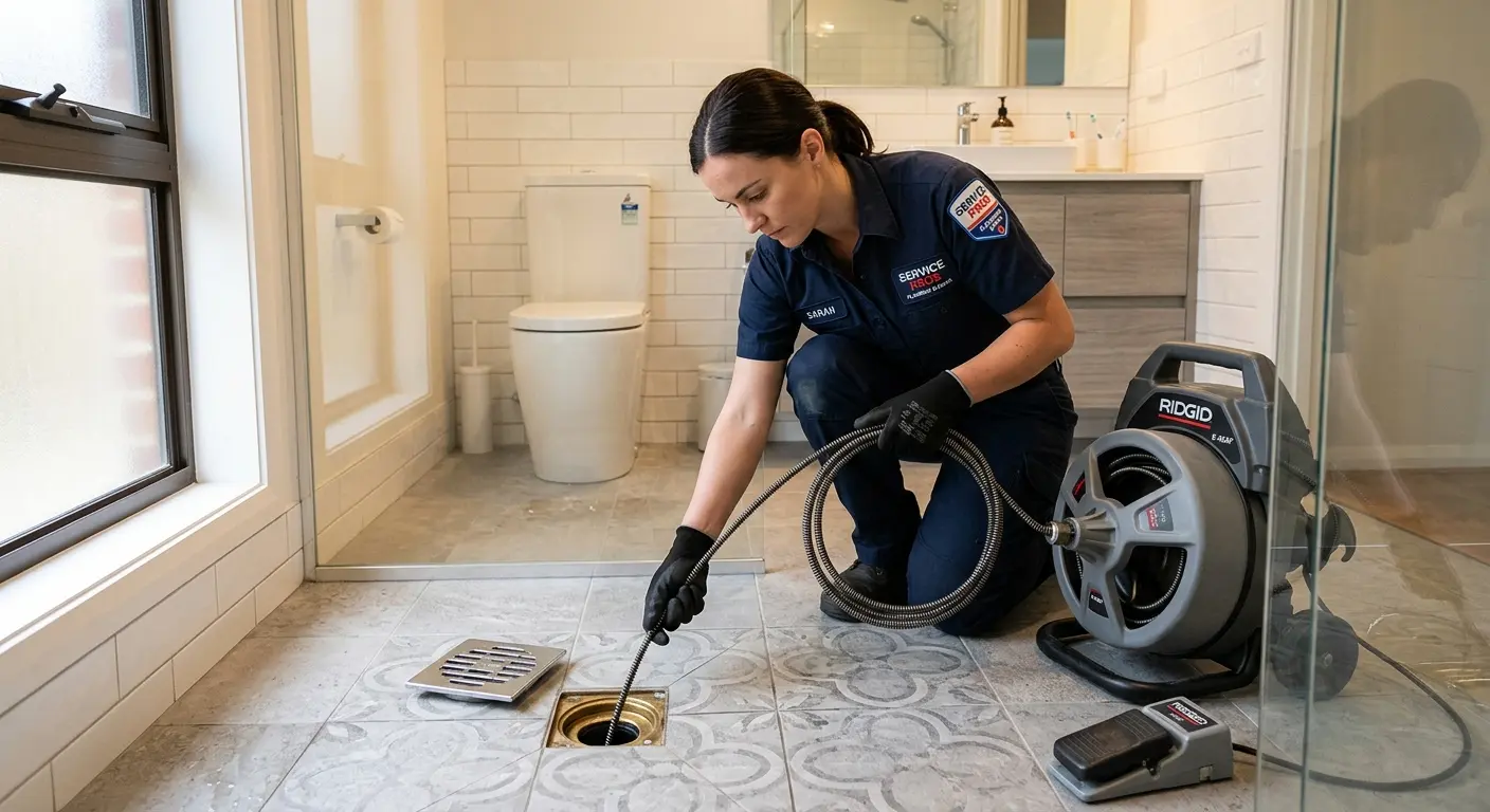 Technician clearing a bathroom floor drain for Hydro Jetting in Holladay
